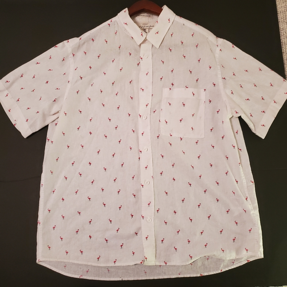 H&M L.O.G.G. Button Up Shirt Mens White Flamingo Design